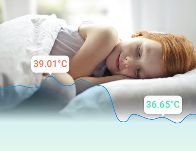 Red-haired girl blissfully asleep while in the foreground her temperature curve drops from fever to normal temperature.