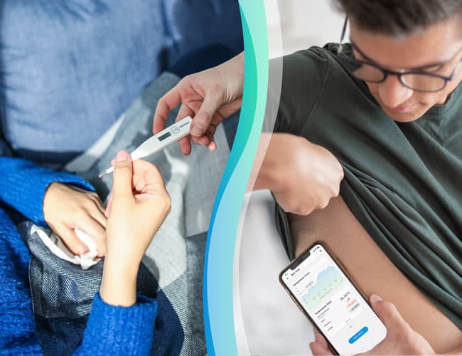 Comparison between old fashioned digital thermometer and steadytemp, a smart sensor patch worn beneath the arm.