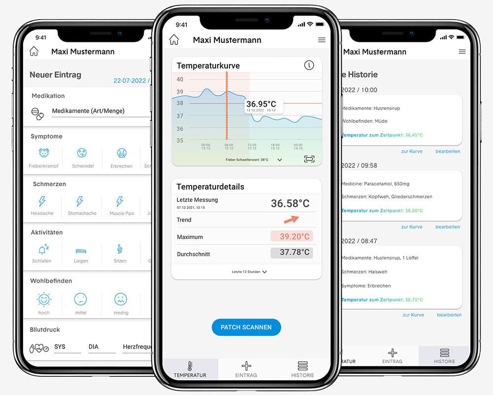 Drei App-Bildschirme, die Auszüge aus der STEADYTEMP® Gesundheitstagebuch-App zeigen: links die Symptom-Auswahl, mittig der Temperatur-Übersichtsscreen mit der Fieberkurve, dem Fiebertrend uvm., und rechts die Historie mit allen aufgezeichneten Informationen untereinander