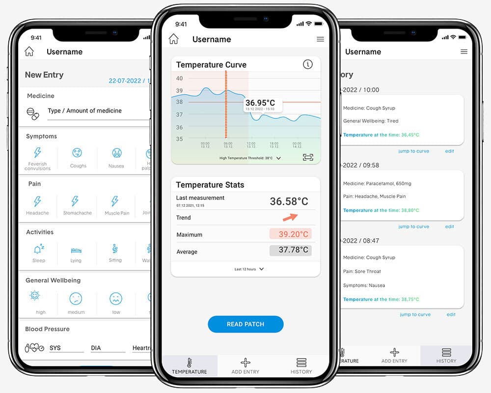 3 STEADYTEMP® app screens. The middle screen shows a temperature curve and recorded statistics. The left-hand screen shows the range of symptoms which can be entered into the app. The right-hand screen shows a summary of the information added to the app.