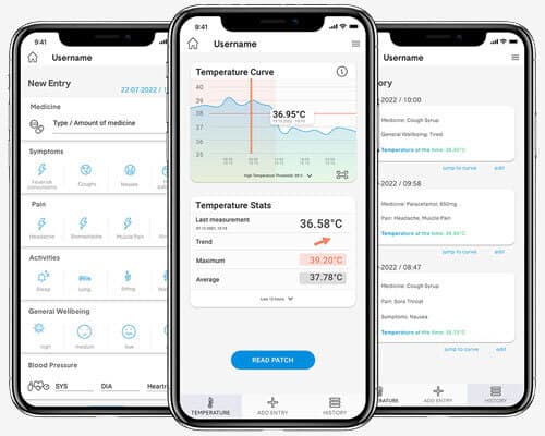3 STEADYTEMP® app screens. The middle screen shows a temperature curve and recorded statistics. The left-hand screen shows the range of symptoms which can be entered into the app. The right-hand screen shows a summary of the information added to the app.