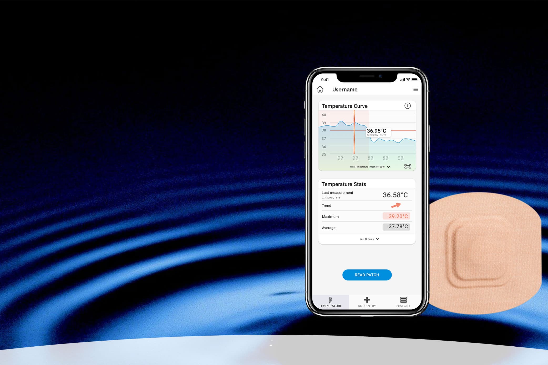 STEADYTEMP®-app screen showing a temperature curve and recorded temperature data in front of a STEADYTEMP® sensor patch.