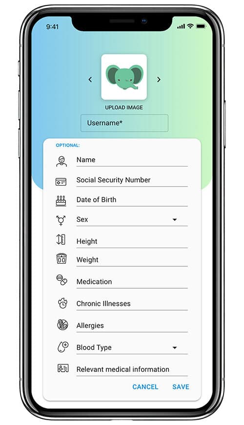 A phone screen showing the optional user profile which can be created in the STEADYTEMP® app. Details include name, age, blood group, allergies, and chronic illness.