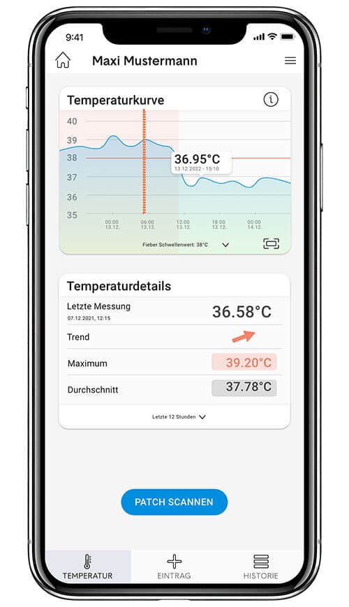 Handy-Bildschirm zeigt den Temperaturscreen mit der Fieberkurve, dem zuletzt gemessenen Temperaturwert, den Fiebertrend und diverse andere Auswertungen.