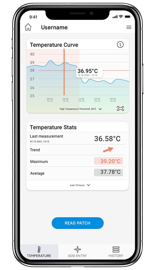 A phone screen showing a recorded temperature curve and temperature statistics.