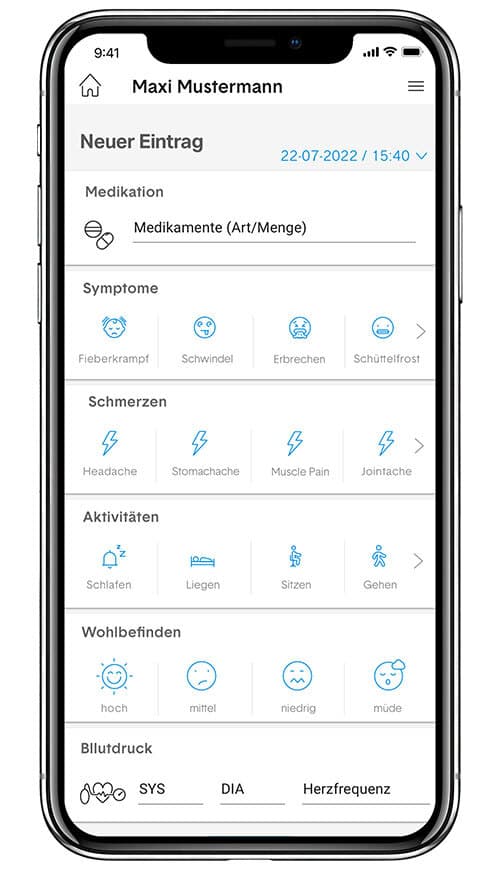 Handy-Bildschirm zeigt die Eingabemöglichkeit von Medikamenten, Symptomen, Schmerzen, Blutdruck etc.