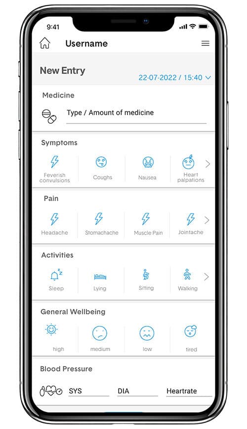 A phone screen showing a range of symptoms which can be added to the STEADYTEMP® app including pain, nausea, cough, headache, medicine taken, activities, and general well-being.