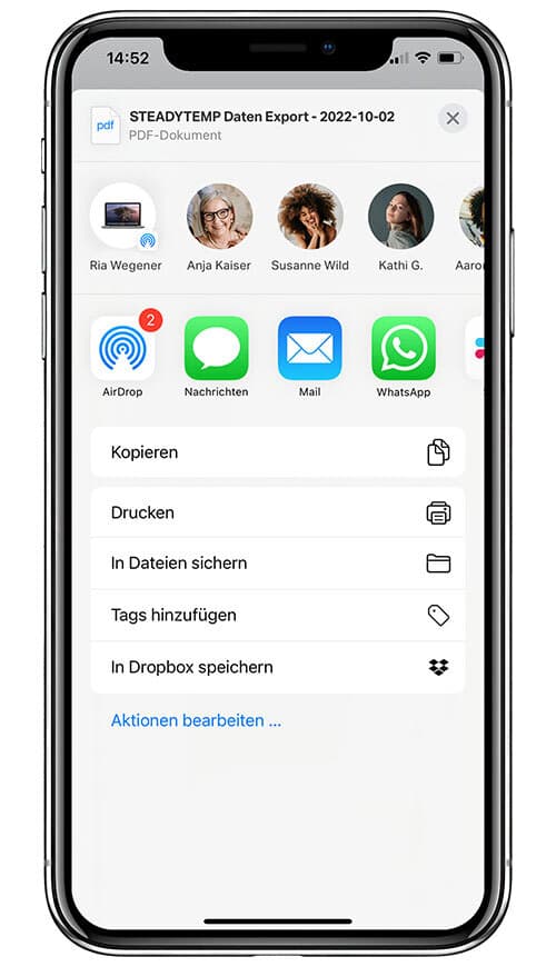 Handy-Bildschirm zeigt die Möglichkeit, alle aufgezeichneten Daten ganz einfach zu exportieren und als PDF auf Wunsch mit den behandelnden ÄrztInnen zu teilen.