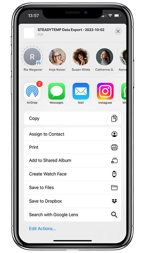 A phone screen showing how to export all the recorded data from the STEADYTEMP® app to send it to a doctor if necessary.
