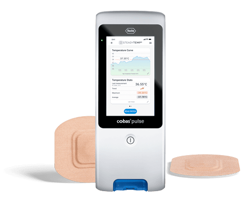 An image of the Roche cobas pulse hand held device showing a temperature curve and 2 STEADYTEMP® sensor patches.