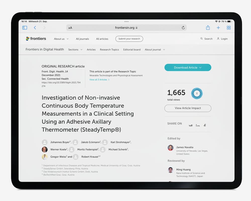 An iPad screen with a screenshot of the Frontiers website which shows the publication oft he clinical study done by SteadySense and the medical university in Graz. 